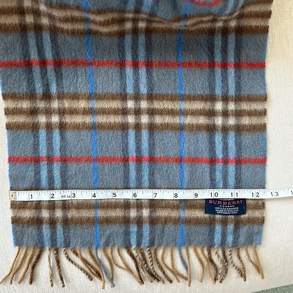 BURBERRY VINTAGE 100% CASHMERE SCARF BLUE, BEIGE, BROWN AND RED WITH FRINGE - Picture 5 of 8